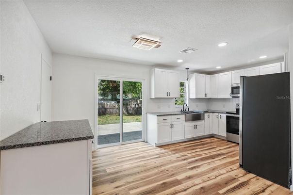 Interior, Kitchen, Recessed Lighting, Wood Texture Flooring