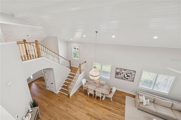 Dining room, Interior, Living room, Pendant Lights, Recessed Lighting, Wood Texture Flooring