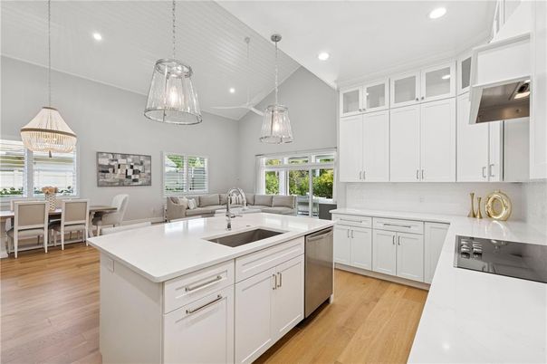 Dining room, Interior, Kitchen, Living room, Pendant Lights, Recessed Lighting, Stainless Steel Appliances, Wood Texture Flooring