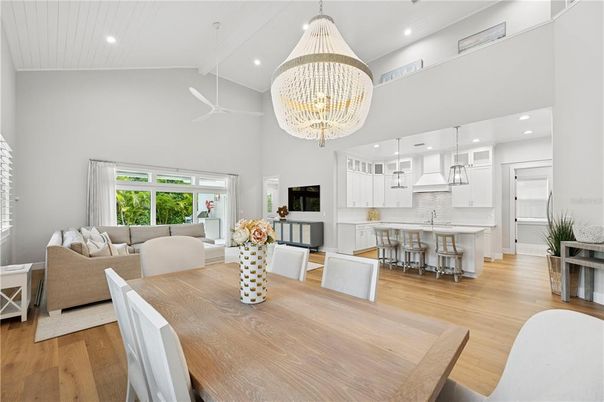 Chandelier, Dining room, Interior, Kitchen, Living room, Pendant Lights, Recessed Lighting, Wood Texture Flooring