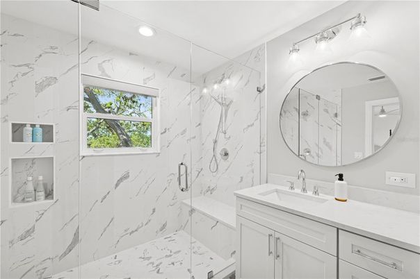 Bathroom, Glass Shower, Interior, Marble Walls, Recessed Lighting