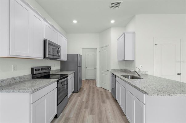 Interior, Kitchen, Recessed Lighting, Wood Texture Flooring