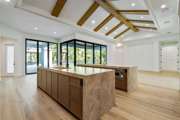Interior, Kitchen, Recessed Lighting, Wooden Beams, Wood Texture Flooring