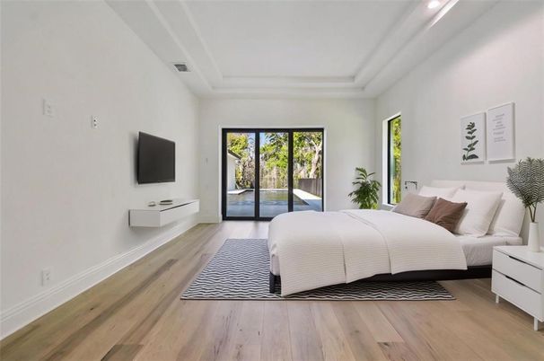 Bedroom, Interior, Recessed Lighting, Wood Texture Flooring