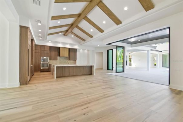 Interior, Kitchen, Recessed Lighting, Stainless Steel Appliances, Wooden Beams, Wood Texture Flooring