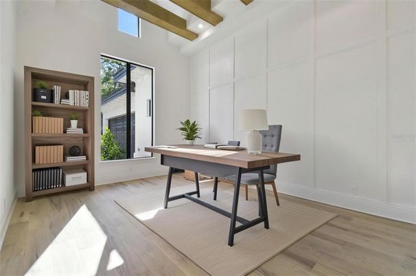 Home Office, Interior, Recessed Lighting, Wooden Beams, Wood Texture Flooring