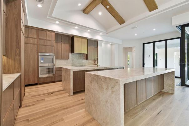 Interior, Kitchen, Recessed Lighting, Stainless Steel Appliances, Wooden Beams, Wood Texture Flooring