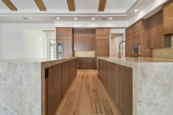 Interior, Kitchen, Recessed Lighting, Stainless Steel Appliances, Wooden Beams, Wood Texture Flooring