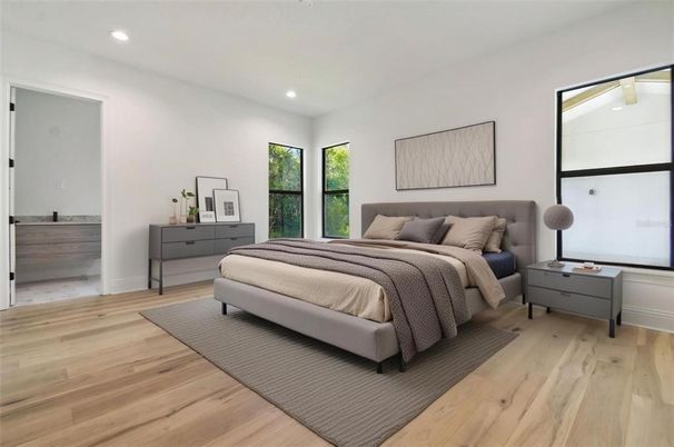 Bedroom, Interior, Recessed Lighting, Wood Texture Flooring