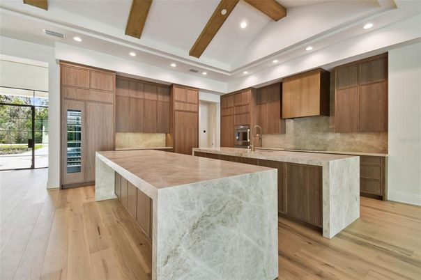 Interior, Kitchen, Recessed Lighting, Stainless Steel Appliances, Wooden Beams, Wood Texture Flooring