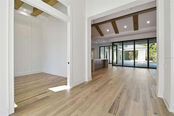Empty room, Interior, Recessed Lighting, Wooden Beams, Wood Texture Flooring