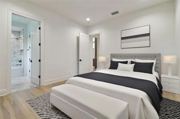 Bathroom, Bedroom, Interior, Marble, Marble Walls, Recessed Lighting, Wood Texture Flooring