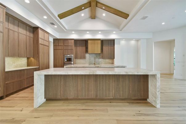 Interior, Kitchen, Recessed Lighting, Stainless Steel Appliances, Wooden Beams, Wood Texture Flooring