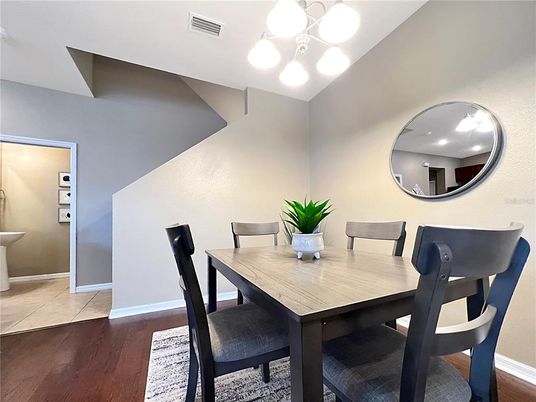 Dining room, Interior, Pendant Lights, Wood Texture Flooring