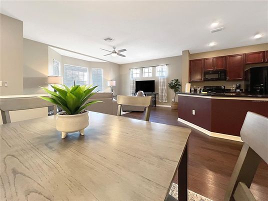 Dining room, Interior, Kitchen, Living room, Recessed Lighting, Wood Texture Flooring