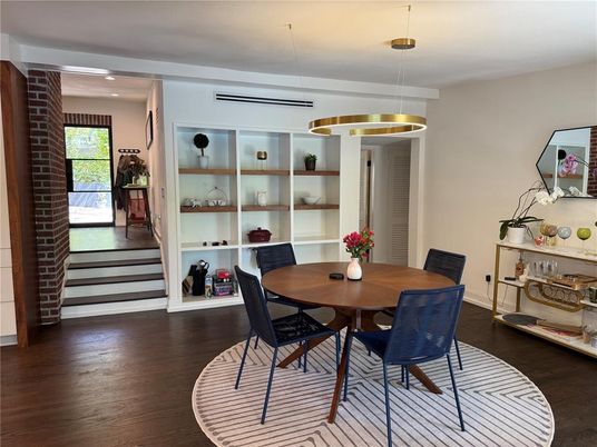 Dining room, Interior, Pendant Lights, Recessed Lighting, Wood Texture Flooring