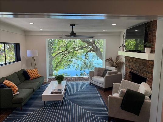 Fireplace, Interior, Living room, Recessed Lighting, Wood Texture Flooring
