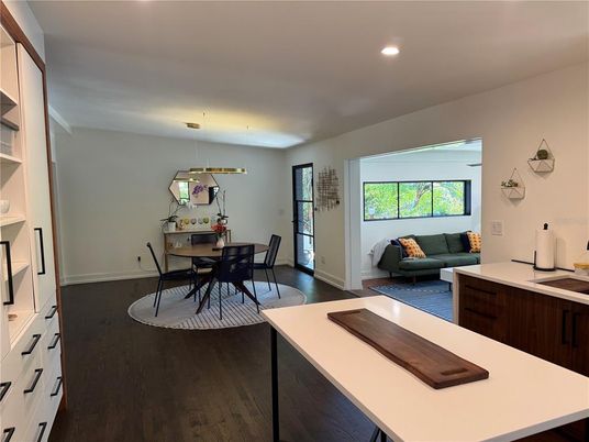 Dining room, Interior, Pendant Lights, Recessed Lighting, Wood Texture Flooring