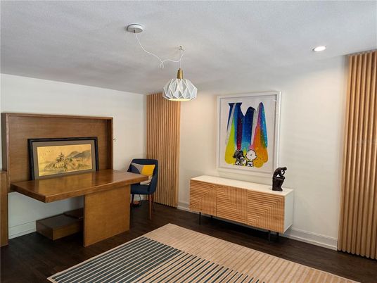Home Office, Interior, Pendant Lights, Recessed Lighting, Wood Texture Flooring