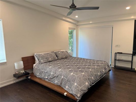 Bedroom, Interior, Recessed Lighting, Wood Texture Flooring
