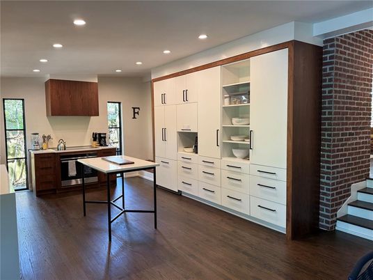 Interior, Kitchen, Recessed Lighting, Stone Walls, Wood Texture Flooring
