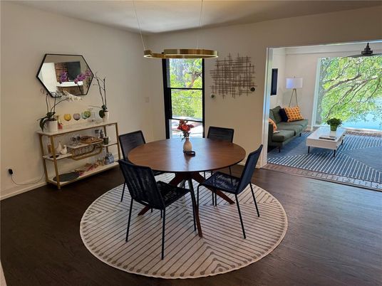 Dining room, Interior, Pendant Lights, Wood Texture Flooring