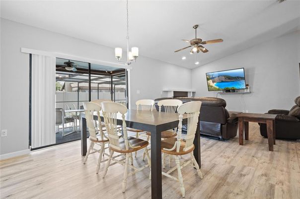Dining room, Interior, Pendant Lights, Recessed Lighting, Wood Texture Flooring