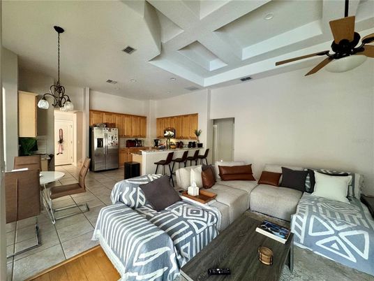 Interior, Kitchen, Living room, Pendant Lights, Recessed Lighting, Wood Texture Flooring