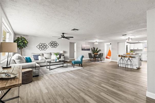 Chandelier, Dining room, Interior, Kitchen, Living room, Pendant Lights, Wood Texture Flooring