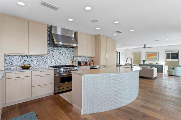 Interior, Kitchen, Living room, Recessed Lighting, Stainless Steel Appliances, Wood Texture Flooring
