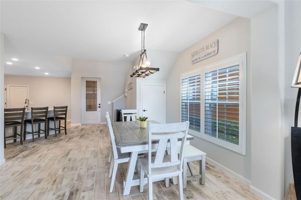 Dining room, Interior, Pendant Lights, Recessed Lighting, Wood Texture Flooring
