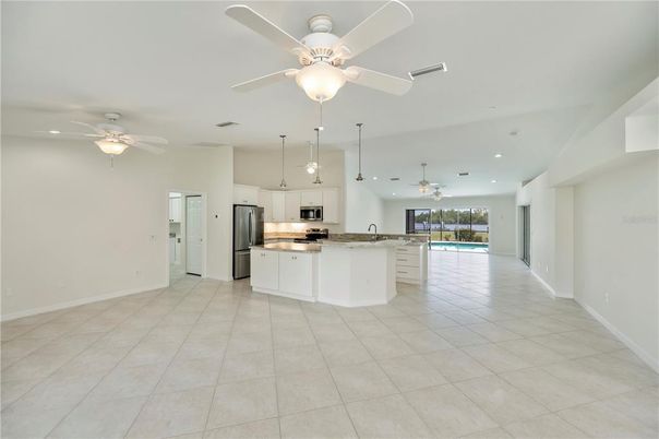 Empty room, Interior, Kitchen, Pendant Lights, Recessed Lighting, Stainless Steel Appliances