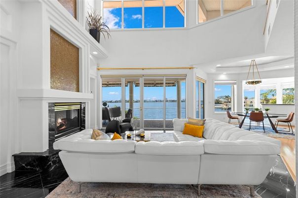 Dining room, Fireplace, Interior, Living room, Marble, Pendant Lights, Water