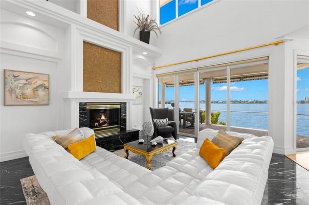 Fireplace, Interior, Living room, Marble, Recessed Lighting, Water