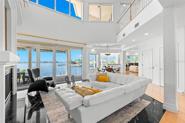 Dining room, Fireplace, Interior, Living room, Pendant Lights, Recessed Lighting, Water