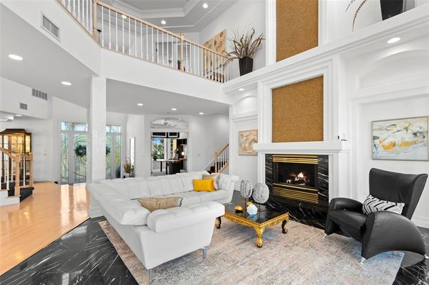 Fireplace, Interior, Living room, Marble, Recessed Lighting, Wood Texture Flooring