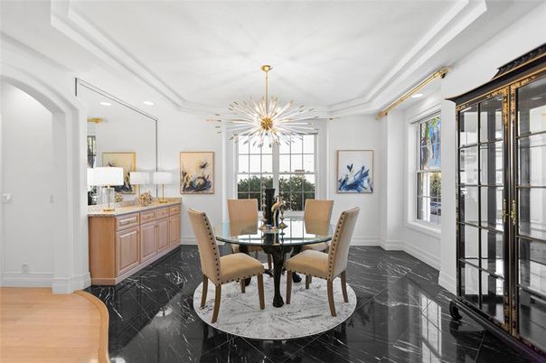 Dining room, Interior, Marble, Pendant Lights, Recessed Lighting