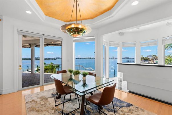Dining room, Interior, Pendant Lights, Recessed Lighting, Water, Wood Texture Flooring