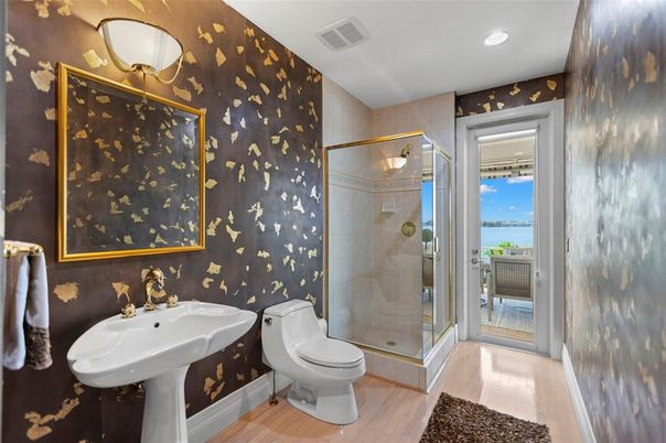 Bathroom, Glass Shower, Interior, Recessed Lighting, Wood Texture Flooring