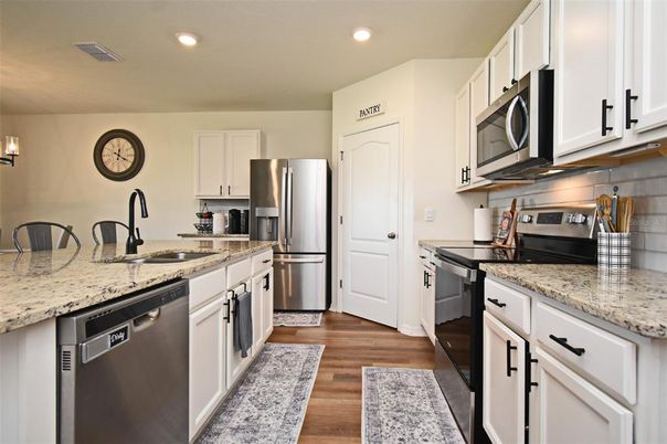 Interior, Kitchen, Recessed Lighting, Stainless Steel Appliances, Wood Texture Flooring