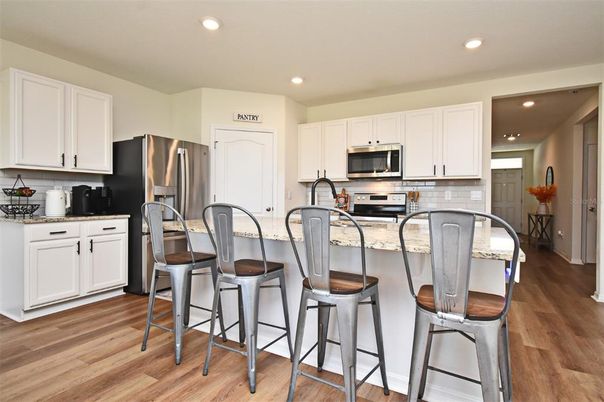 Interior, Kitchen, Recessed Lighting, Stainless Steel Appliances, Wood Texture Flooring