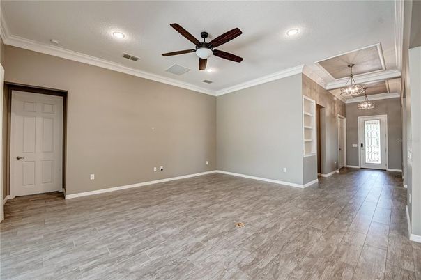 Empty room, Interior, Pendant Lights, Recessed Lighting, Wood Texture Flooring
