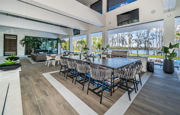Dining room, Interior, Pendant Lights, Wood Texture Flooring