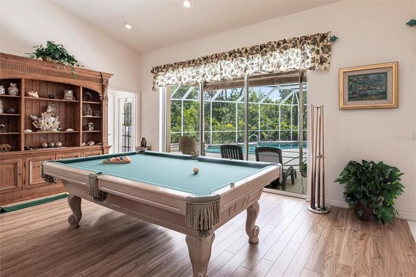 Billiard Table, Game Room, Interior, Recessed Lighting, Wood Texture Flooring