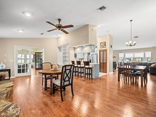 Chandelier, Dining room, Interior, Kitchen, Recessed Lighting, Wood Texture Flooring