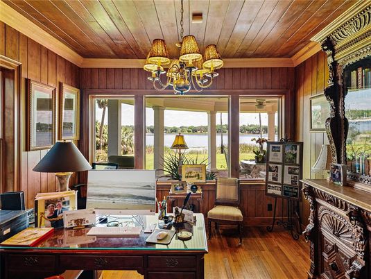 Chandelier, Home Office, Interior, Wooden Ceilings, Wood Texture Flooring, Wooden Walls