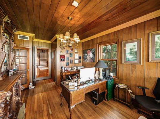 Chandelier, Home Office, Interior, Wooden Ceilings, Wood Texture Flooring, Wooden Walls