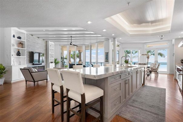 Dining room, Fireplace, Interior, Kitchen, Living room, Recessed Lighting, Wood Texture Flooring