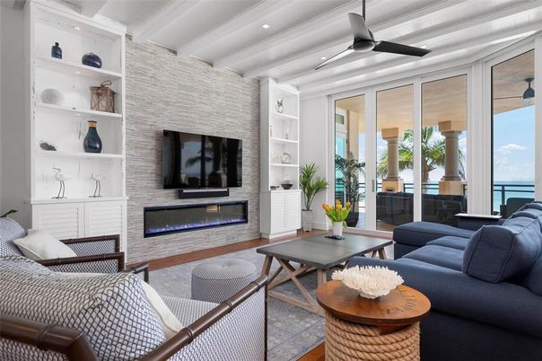 Fireplace, Interior, Living room, Recessed Lighting, Stone Walls