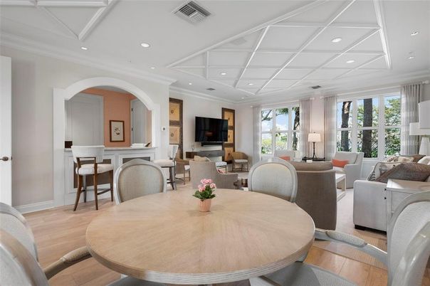 Dining room, Fireplace, Interior, Living room, Recessed Lighting, Wood Texture Flooring